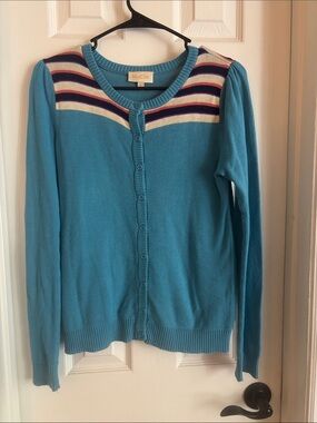 ModCloth Teal Button-Up Stripe Yoke Sweater